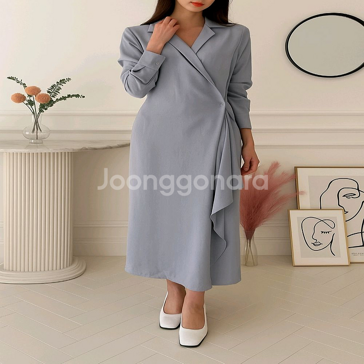 언발 프릴 테일러드 카라 랩 롱원피스ㅡ무배--6