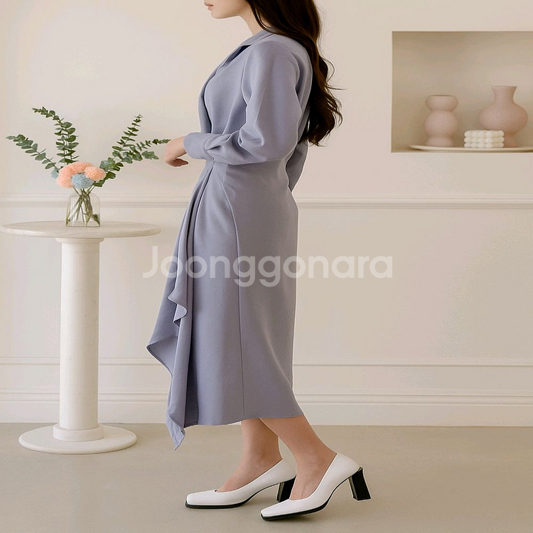 언발 프릴 테일러드 카라 랩 롱원피스ㅡ무배--5