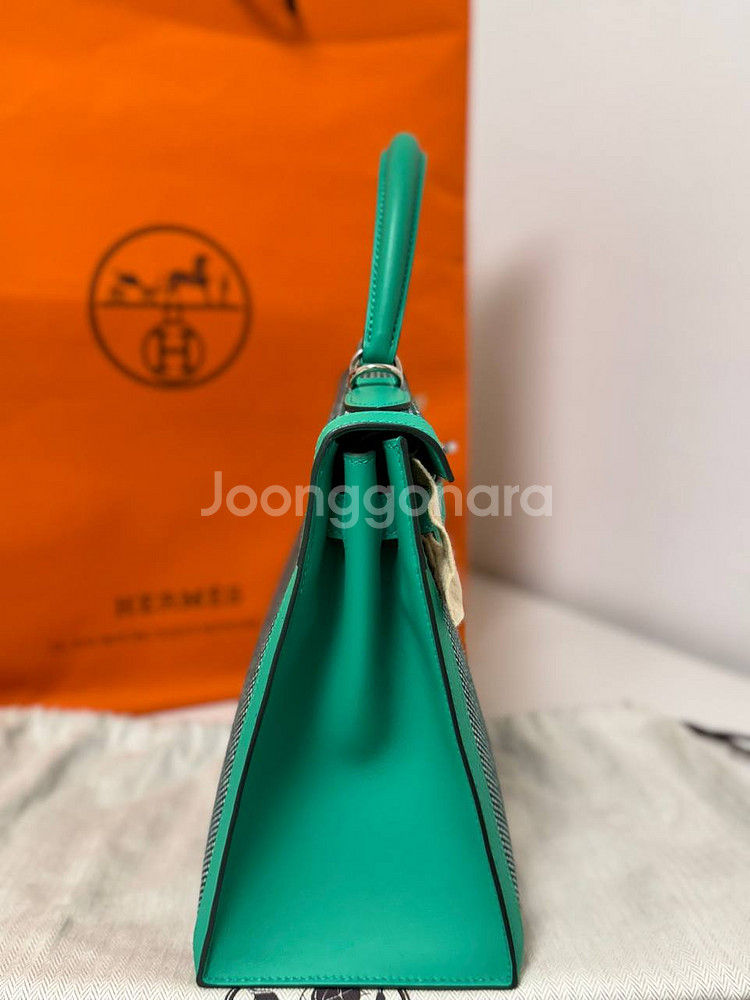 에르메스 켈리백 28 (Quadrille Canvas & Menthe Swift, Palladium H/W)--4