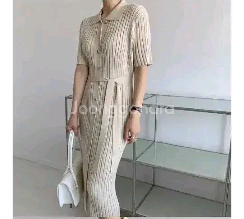 골지 카라 버튼 원피스 - 베이지--1