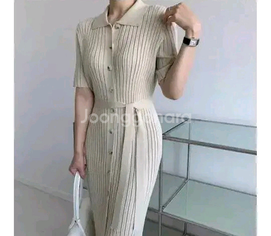 골지 카라 버튼 원피스 - 베이지--2