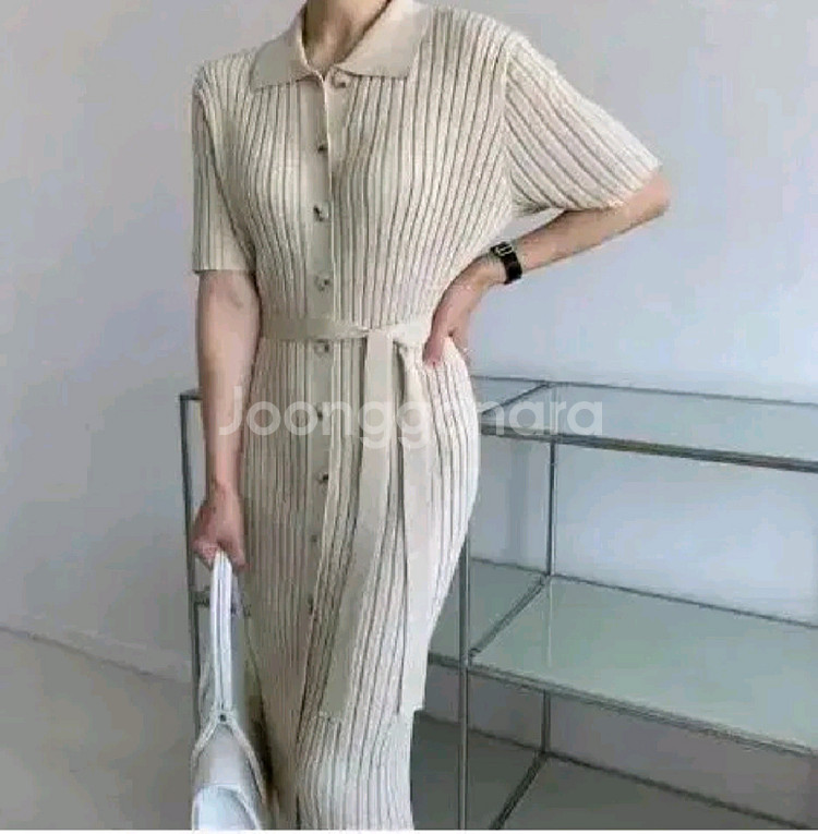 골지 카라 버튼 원피스 - 베이지--0