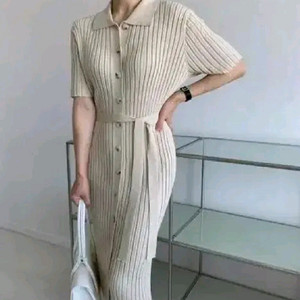 골지 카라 버튼 원피스 - 베이지