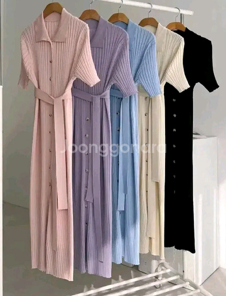 골지 카라 버튼 원피스 - 베이지--6