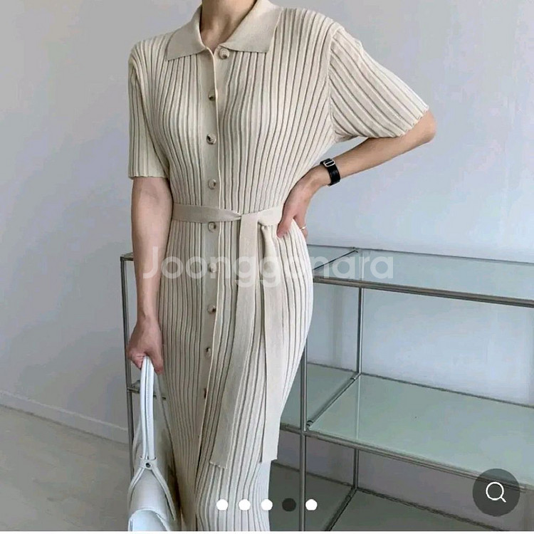 골지 카라 버튼 원피스 - 베이지--3