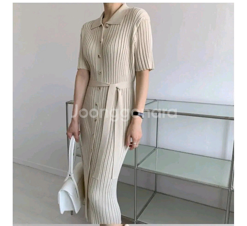 골지 카라 버튼 원피스 - 베이지--5