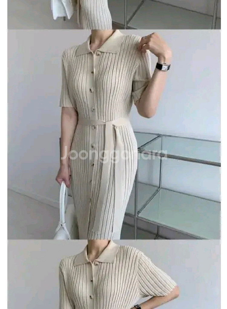 골지 카라 버튼 원피스 - 베이지--4