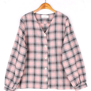 핑크 체크 블라우스 노카라 분홍 퍼프 셔츠 브이넥 긴팔 딸기우유