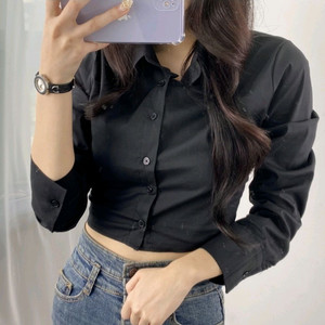 크롭 스판 셔츠 블랙 슬림핏 뒷밴딩 검정색 남방 블라우스 숏 페미닌 카라넥 허리