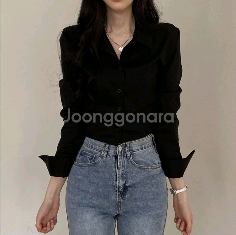 크롭 스판 셔츠 블랙 슬림핏 뒷밴딩 검정색 남방 블라우스 숏 페미닌 카라넥 허리--2