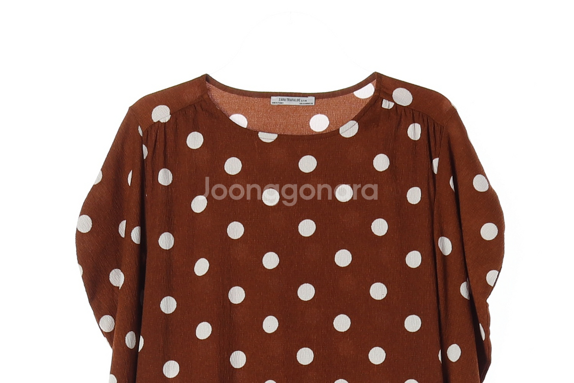 [S]자라 브라운 도트 퍼프 긴팔 롱 튜닉원피스--1