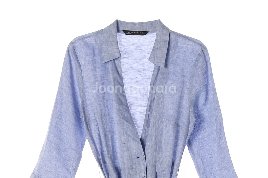 [S]자라 린넨100% 스카이블루 브이넥 랩 롱 셔츠원피스--1