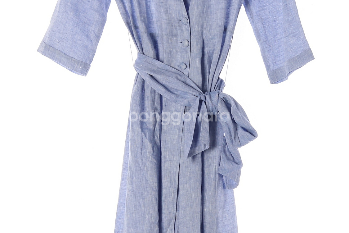 [S]자라 린넨100% 스카이블루 브이넥 랩 롱 셔츠원피스--2