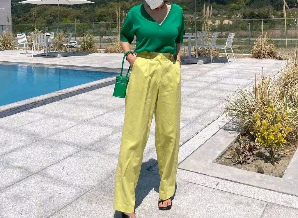 헤이 딥 브이넥 반팔 니트 - 그린 이미지