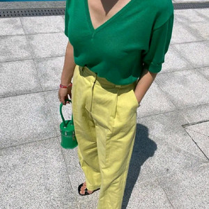 헤이 딥 브이넥 반팔 니트 - 그린