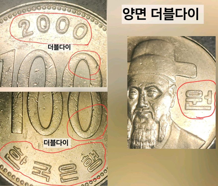 더블다이 에러 100원 동전 한국은행 주화 2000년 이미지