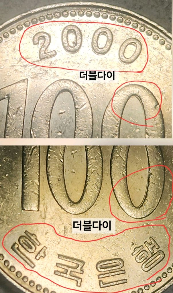 더블다이 에러 100원 동전 한국은행 주화 2000년 이미지