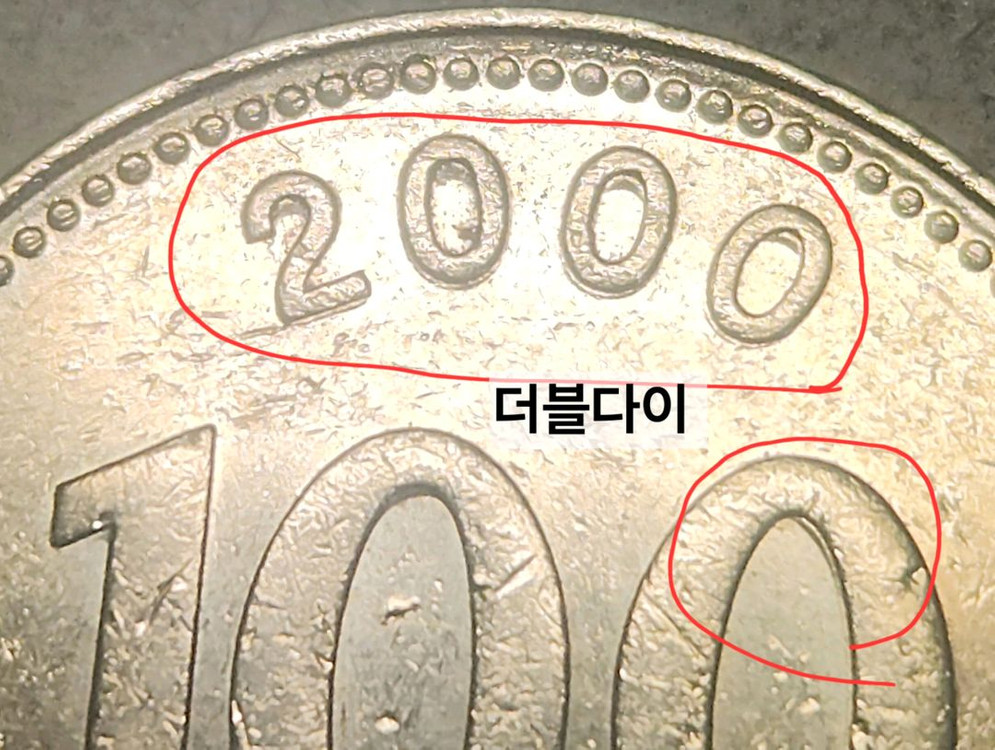 더블다이 에러 100원 동전 한국은행 주화 2000년 이미지