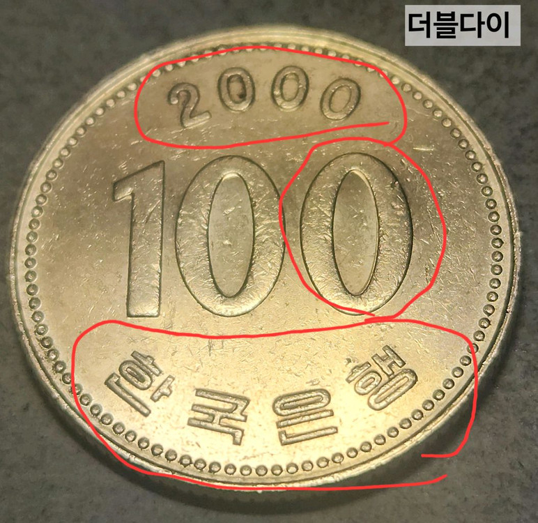 더블다이 에러 100원 동전 한국은행 주화 2000년 이미지