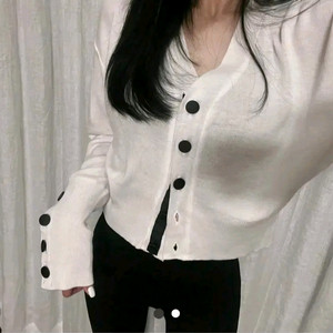 오브 배색 브이 가디건 - 화이트,프리