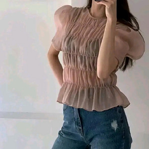 드모어 스모크 셔링 블라우스 - 핑크