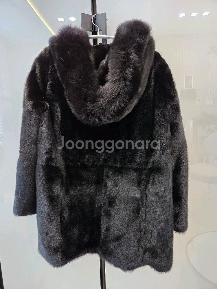 ROANNE 블랙 통밍크 천연 가죽 리얼 퍼코트 하프 자켓 후드 털옷 55-66--7