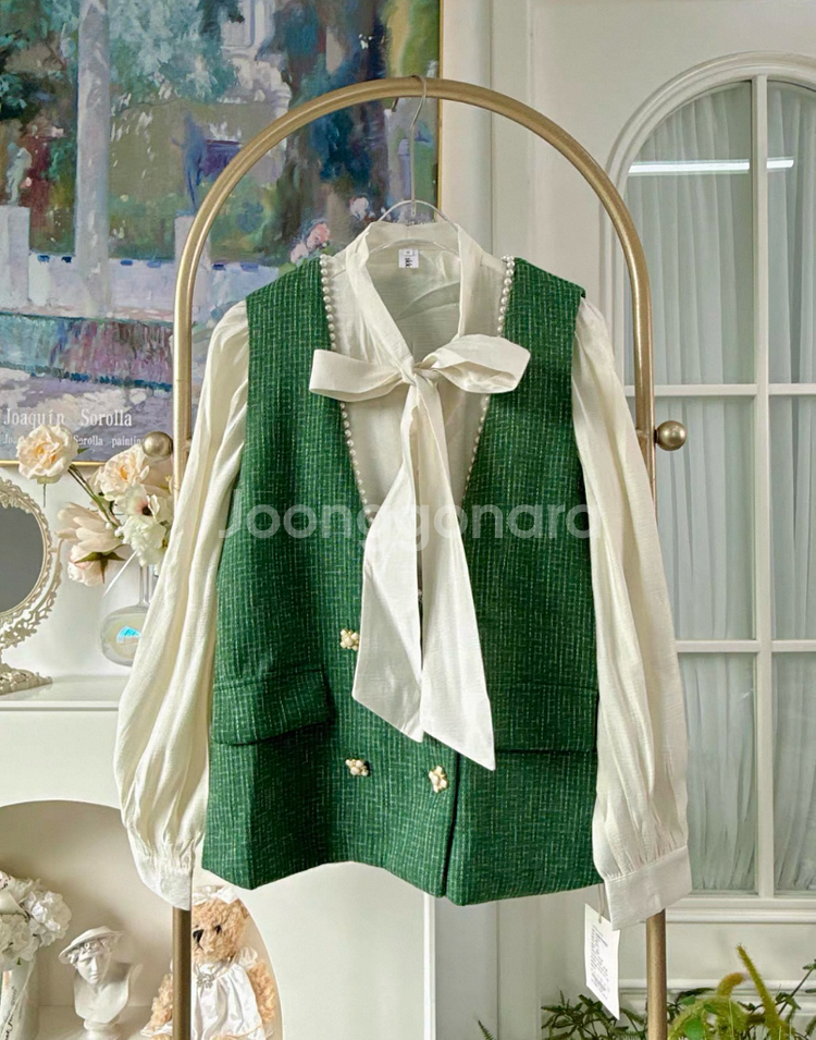 클래식 셋업 트위드조끼 블라우스 세트 새상품--0