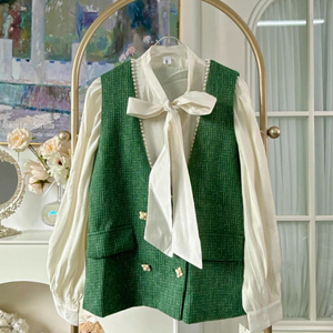 클래식 셋업 트위드조끼 블라우스 세트 새상품