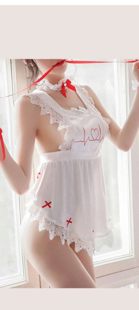 4종*화이트 메이드 코스프레 슬립,머리띠,목초커,양팔 레이스 끈--3