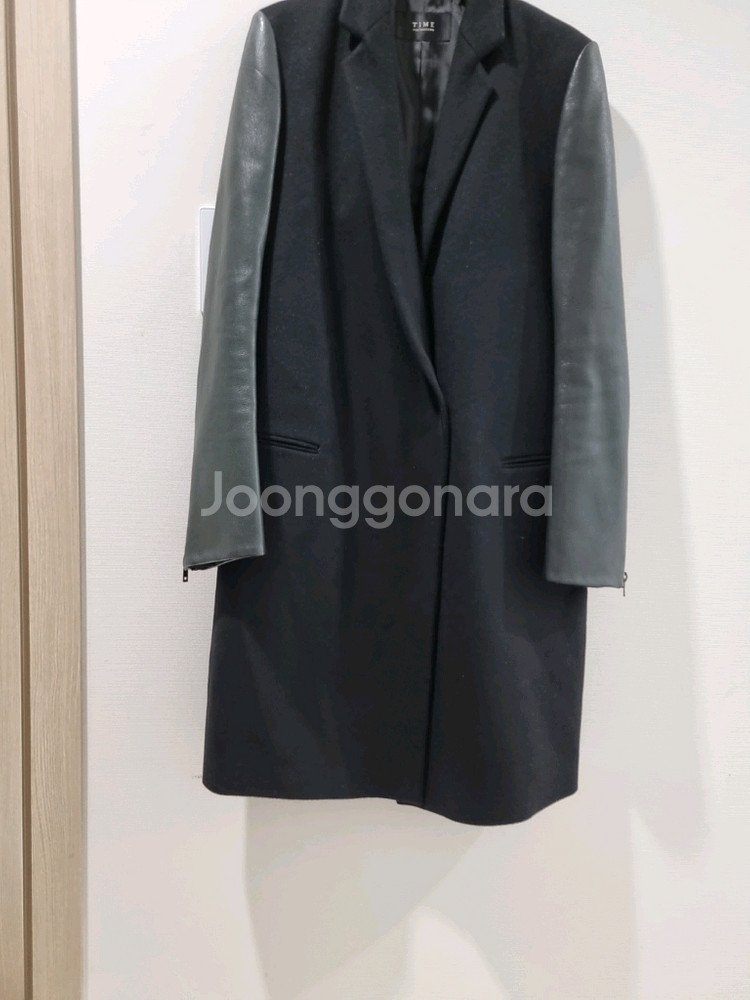 TIME 타임 블랙 가죽소매 모캐시미어 코트--2