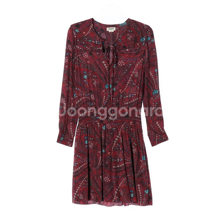 [XS]쟈딕앤볼테르 버건디 패턴 리본 타이 긴팔 미니 원피스--0