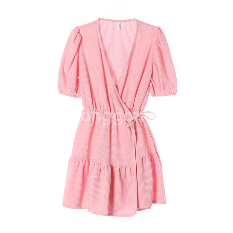 [M]앤아더스토리즈 핑크 퍼프 반팔 랩 캉캉 미니 원피스 드레스--0