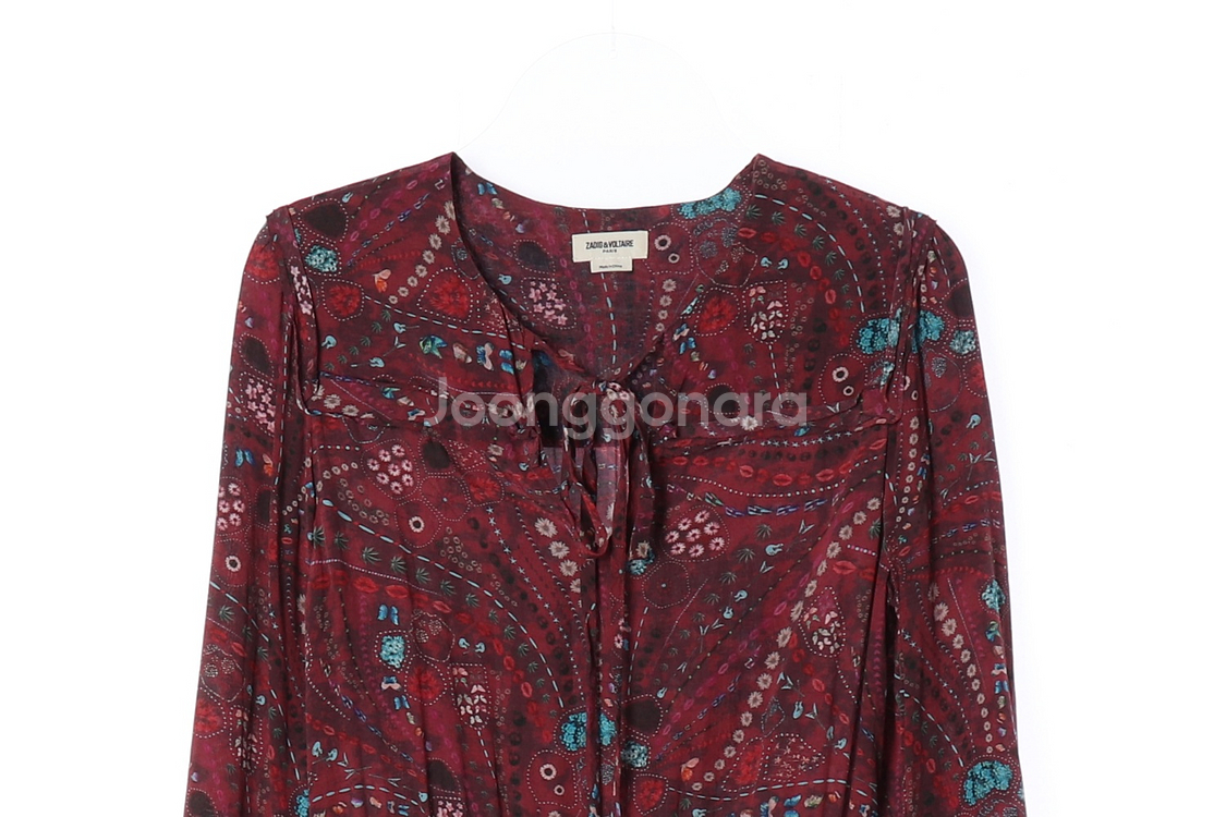 [XS]쟈딕앤볼테르 버건디 패턴 리본 타이 긴팔 미니 원피스--1