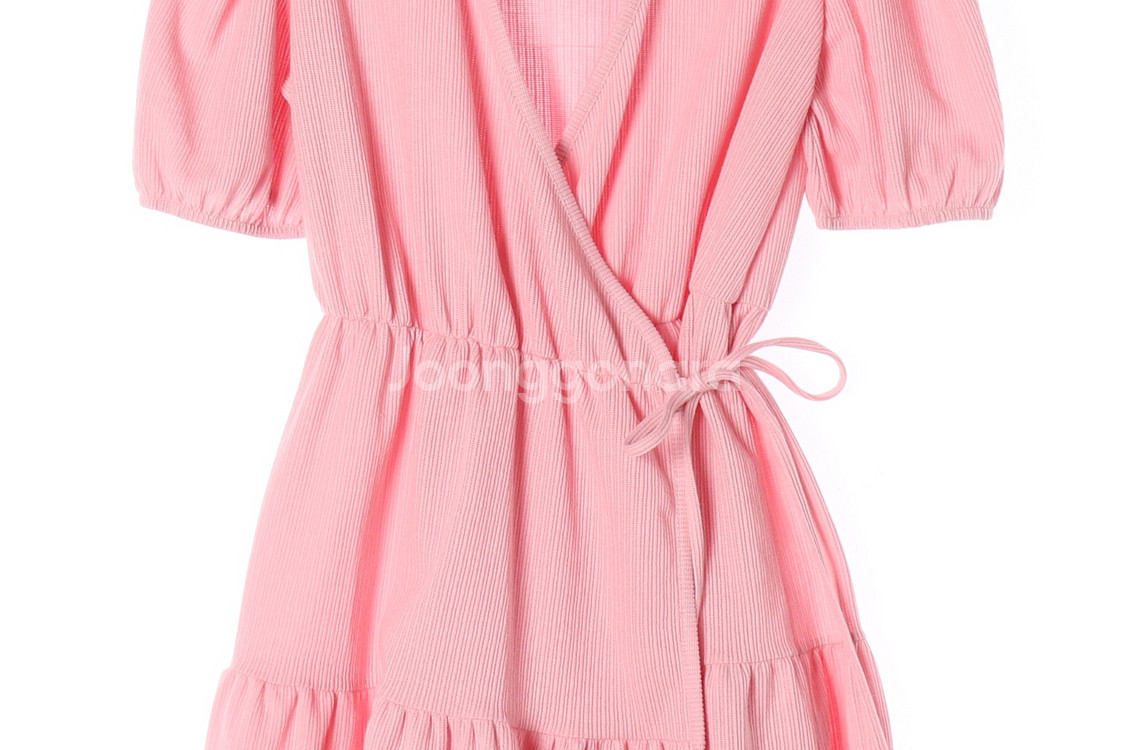 [M]앤아더스토리즈 핑크 퍼프 반팔 랩 캉캉 미니 원피스 드레스--2