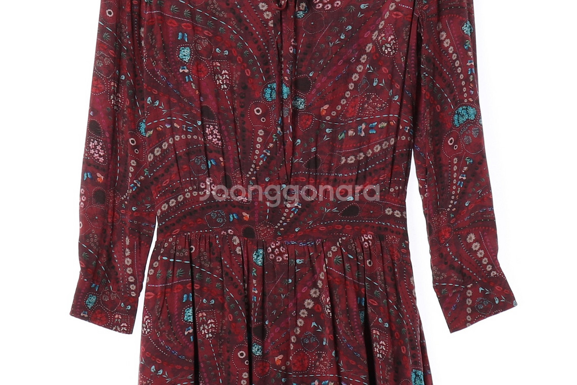 [XS]쟈딕앤볼테르 버건디 패턴 리본 타이 긴팔 미니 원피스--2