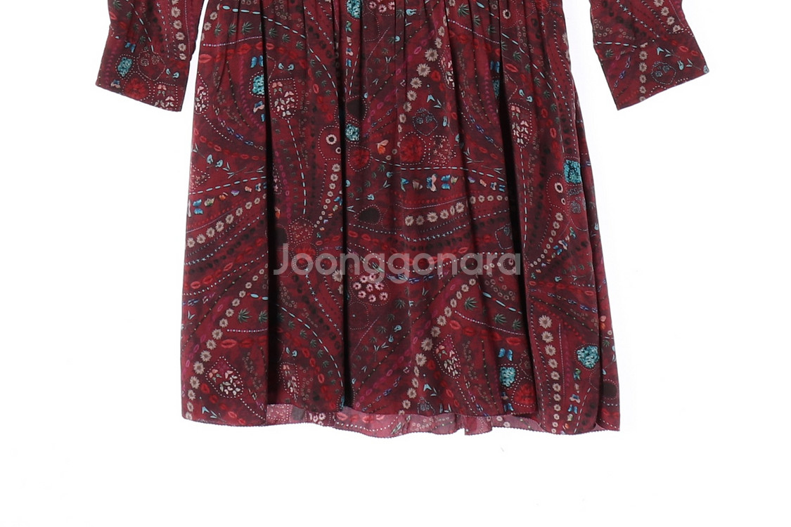 [XS]쟈딕앤볼테르 버건디 패턴 리본 타이 긴팔 미니 원피스--3