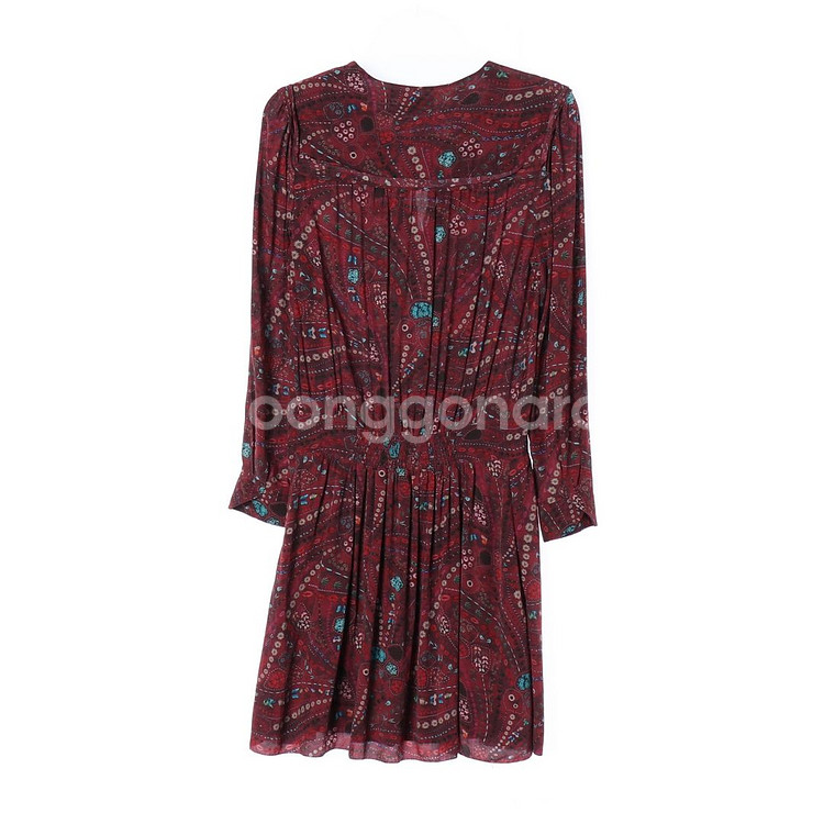 [XS]쟈딕앤볼테르 버건디 패턴 리본 타이 긴팔 미니 원피스--4