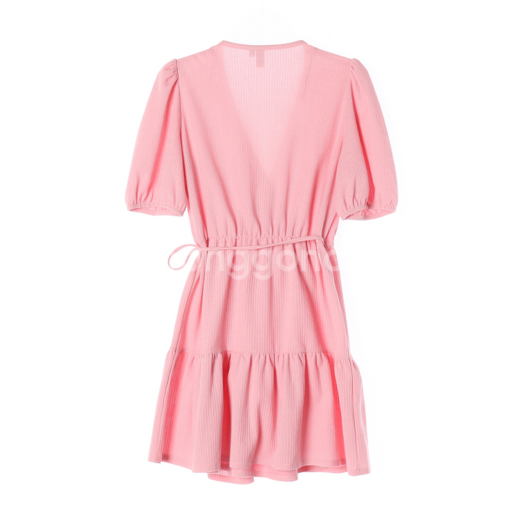 [M]앤아더스토리즈 핑크 퍼프 반팔 랩 캉캉 미니 원피스 드레스--4