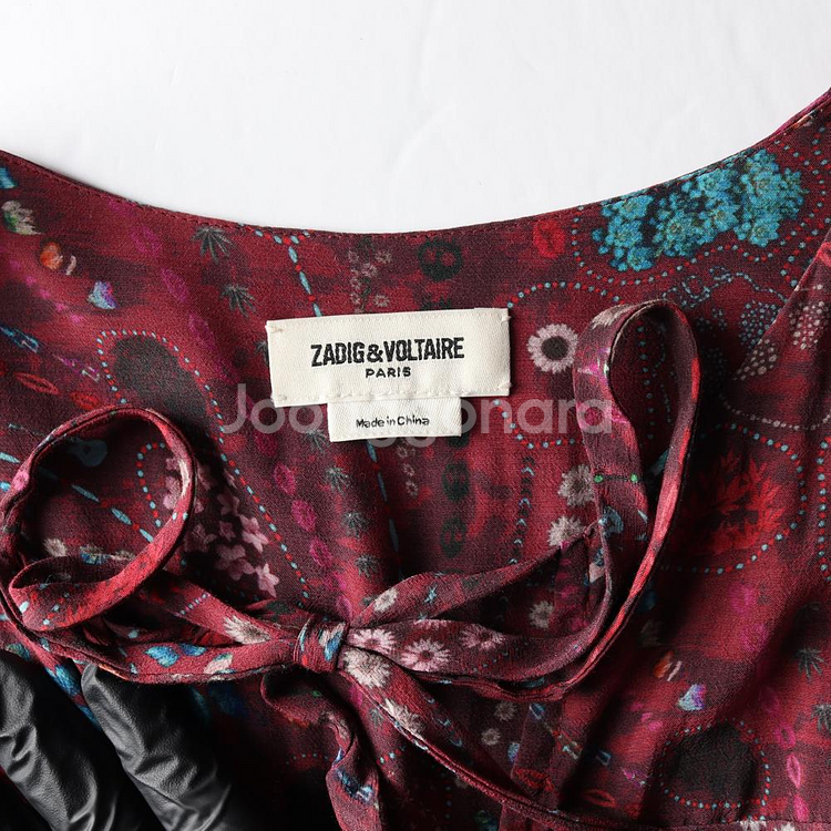 [XS]쟈딕앤볼테르 버건디 패턴 리본 타이 긴팔 미니 원피스--5