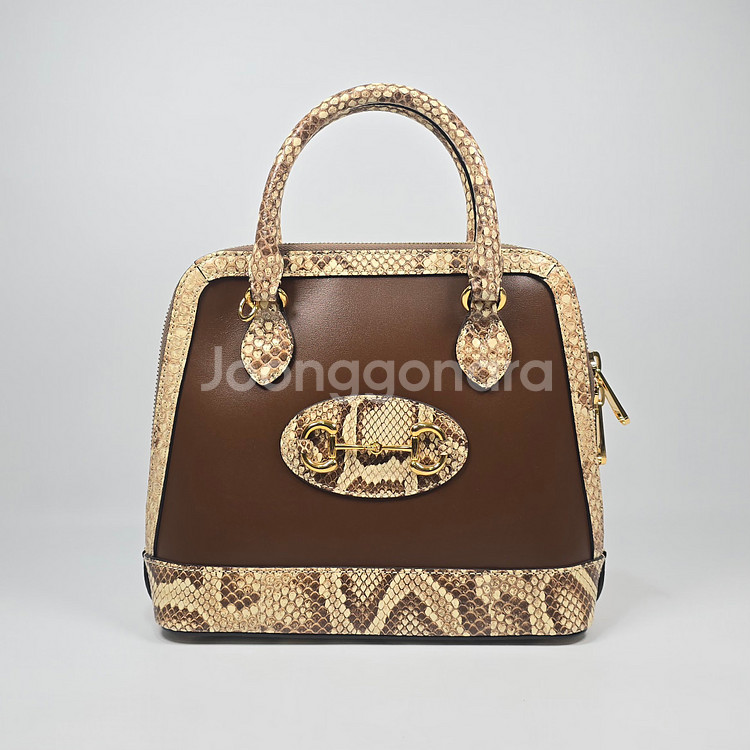 구찌 스몰 레더 파이톤 트리밍 홀스빗 1955 탑 핸들 토트 겸 숄더백--1