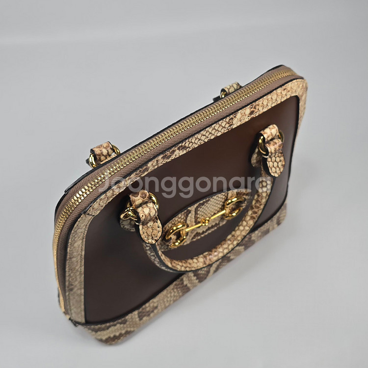 구찌 스몰 레더 파이톤 트리밍 홀스빗 1955 탑 핸들 토트 겸 숄더백--6