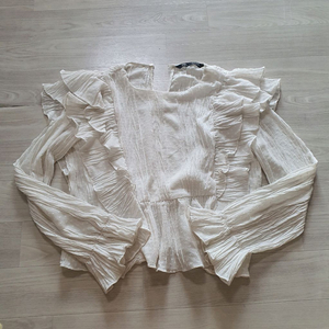 자라 러플 블라우스 S 프릴 도트 시스루 스퀘어넥 아이보리 화이트 긴팔