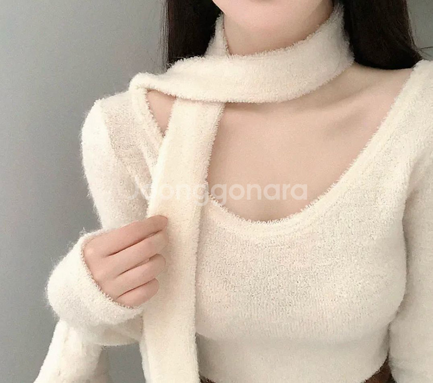 라운드 타올 니트티 머플러 세트 (아이보리)--6