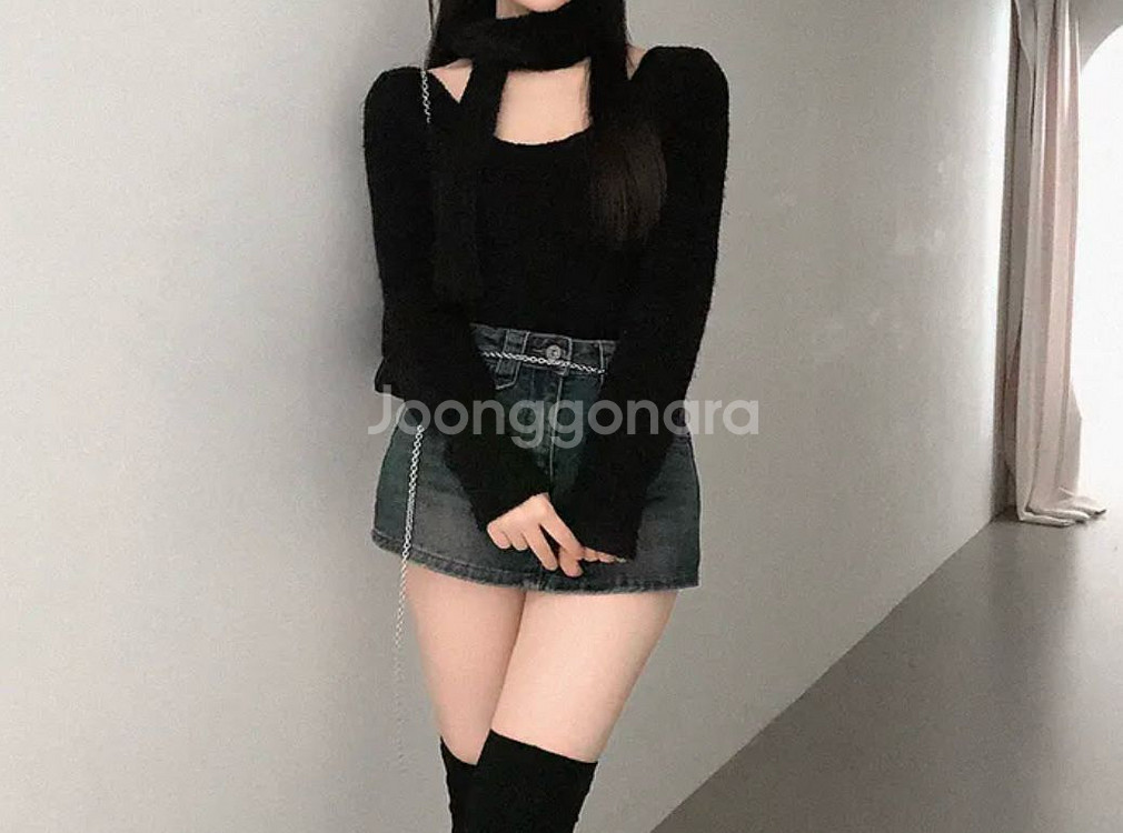 라운드 타올 니트티 머플러 세트 (블랙)--0