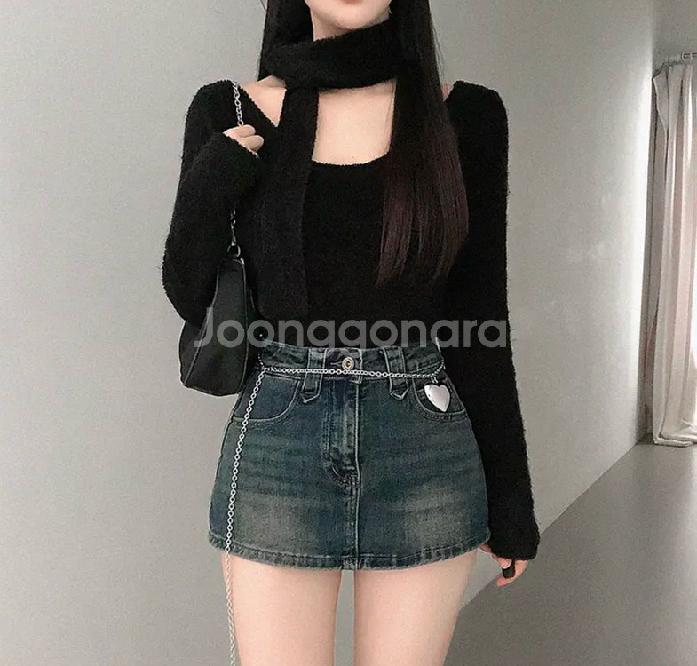 라운드 타올 니트티 머플러 세트 (블랙)--2