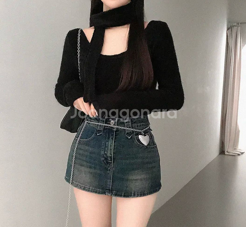 라운드 타올 니트티 머플러 세트 (블랙)--3