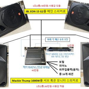 공연풀셋(맥키믹서1642VLZPRO/텀프1000w파워드스피커1조/JBLeon15G2스피커1조/렉시콘MX200이펙터)