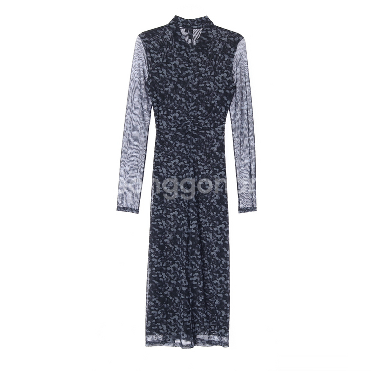 [XS]앤아더스토리즈 네이비 플로럴 셔링 쉬폰 긴팔 롱 셔츠원피스--4