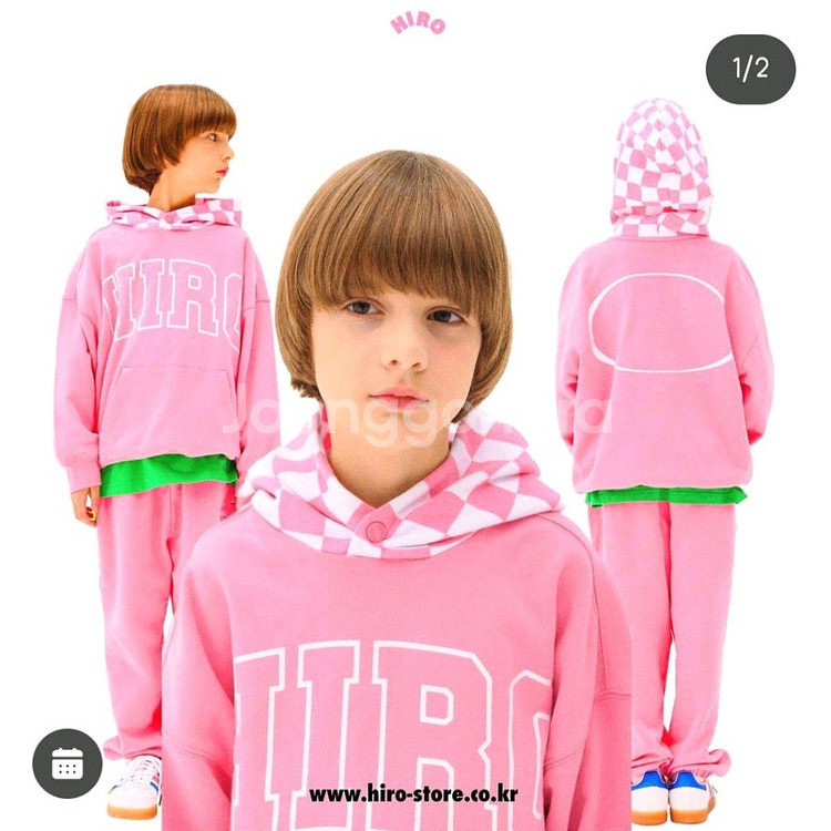 히로 블랭크 체커후드티셔츠 핑크160--1