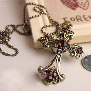 새 십자가 여자 빈티지 복고풍 크리스탈 크로스 목걸이 기독교 천주교 이미지
